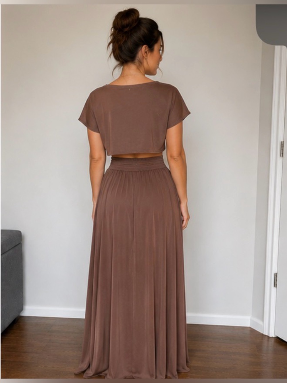 Zenana Mocha Flowy Maxi Skirt & Cropped Top Set Size M NWT | Boho Chic - Picture 3 of 6